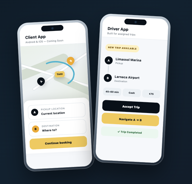 Client App booking screen and Driver App trip request screen displayed on two smartphones